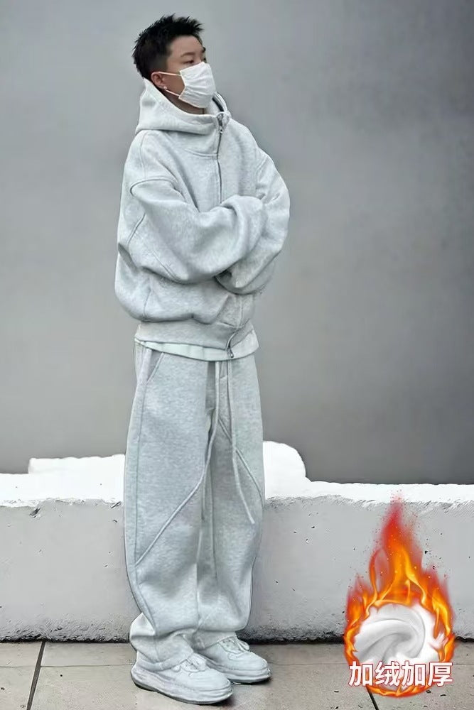 Autumn Winter Fleece-Lined Extra-Thick Men's Set Hoodie And Sweatpants