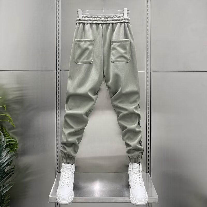 Mens Spring Summer Patchwork Vertical-Stripe Casual Elastic-Waist Fashion Ankle-Fit Pants