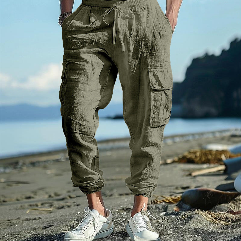 Men's Casual Trousers Ankle-tied Multi-pocket Tether Solid Color Loose