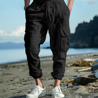 Men's Casual Trousers Ankle-tied Multi-pocket Tether Solid Color Loose