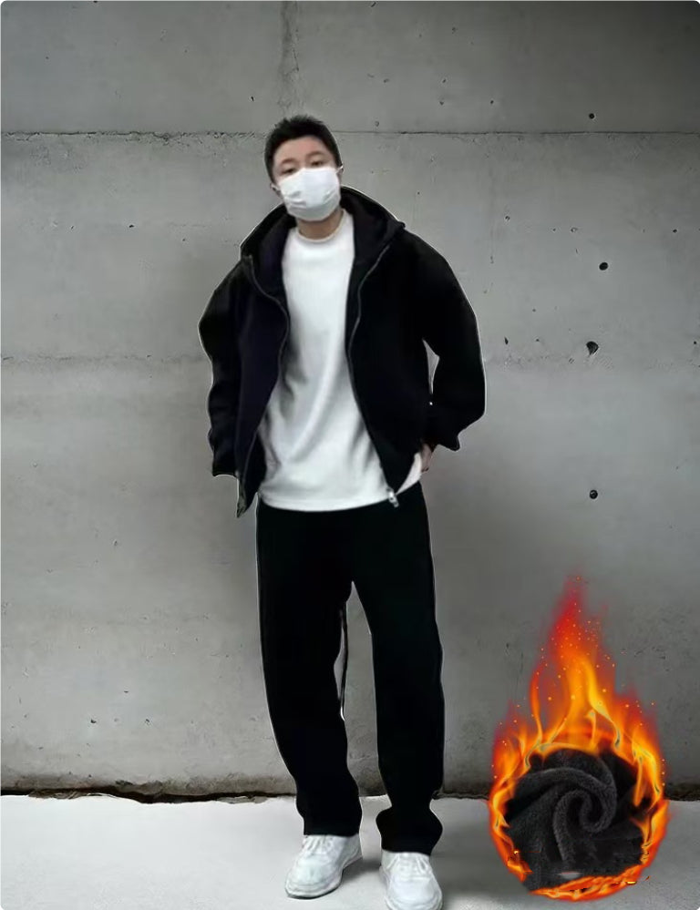 Autumn Winter Fleece-Lined Extra-Thick Men's Set Hoodie And Sweatpants