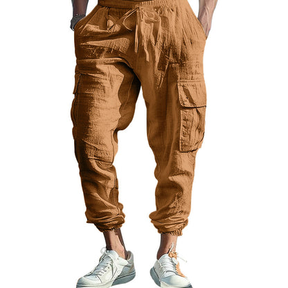 Men's Casual Trousers Ankle-tied Multi-pocket Tether Solid Color Loose