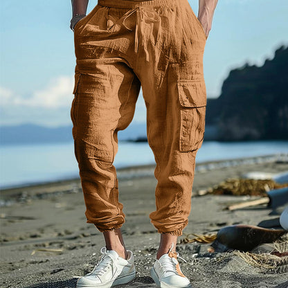 Men's Casual Trousers Ankle-tied Multi-pocket Tether Solid Color Loose