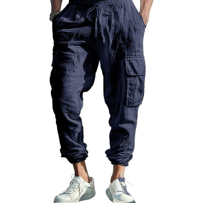 Men's Casual Trousers Ankle-tied Multi-pocket Tether Solid Color Loose